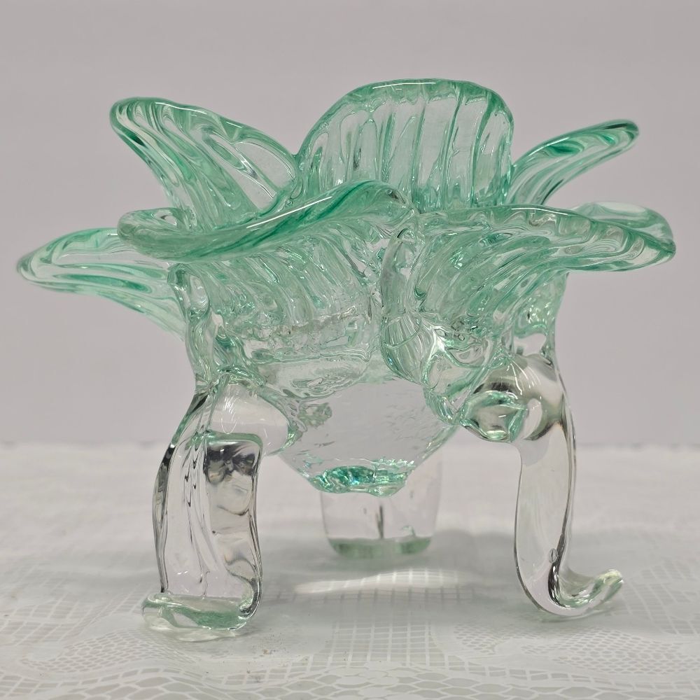 Vintage Teal Recycled Glass Footed Lotus Flower Candle Holder Art Deco Boho